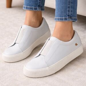 Ralph Lauren Isla Leather Platform Trainers White Slip-On Sneakers size 8.5